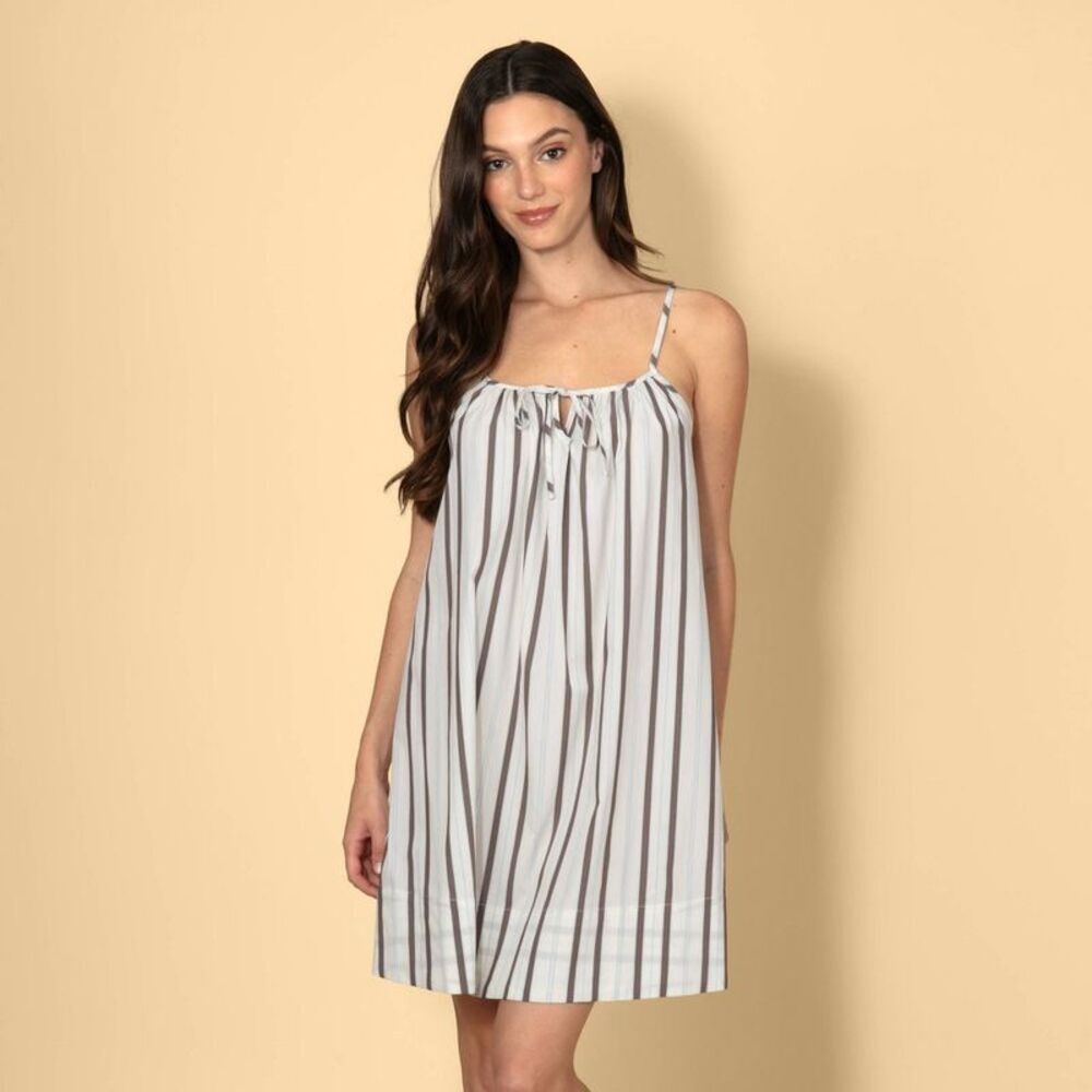 Women's Tie-Front Poplin A-Line Mini Dress - Brown/Cream Striped XXL